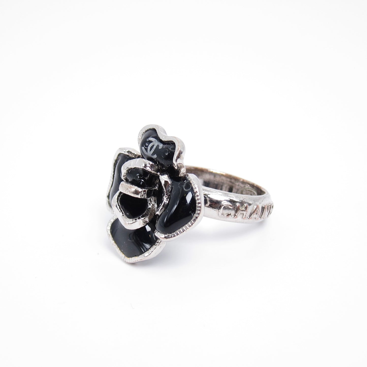 Chanel Vintage CC Logo Black Camellia Silver Ring