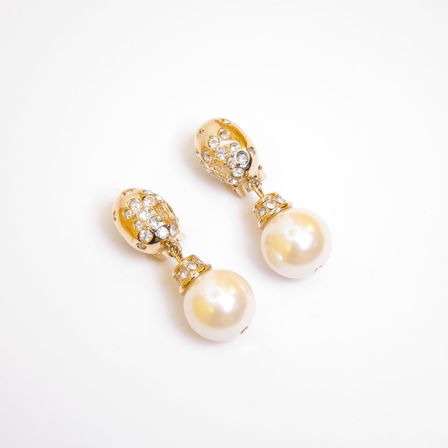 Givenchy Vintage 4G Logo Rhinestone and Pearl Golden Clip-on Earrings