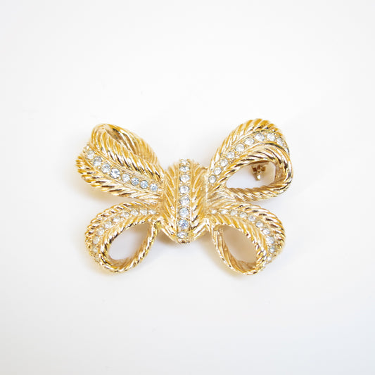 Christian Dior Vintage Ribbon Motif with Rhinestone Golden Brooch