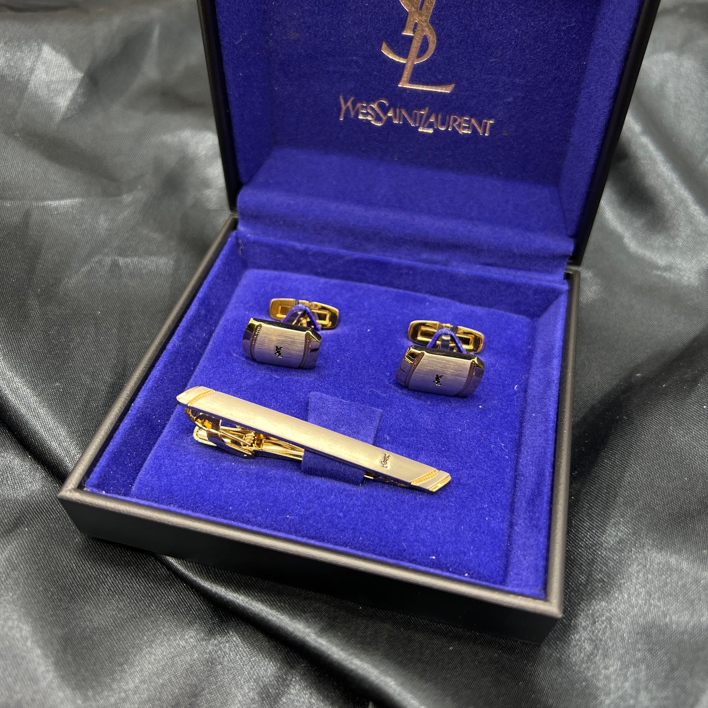 Yves Saint Laurent Vintage Logo Silver Gold Tie Clip And Cufflink