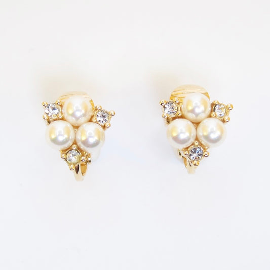 Christian Dior Vintage Pearl and Rhinestone Golden Clip-on Earrings