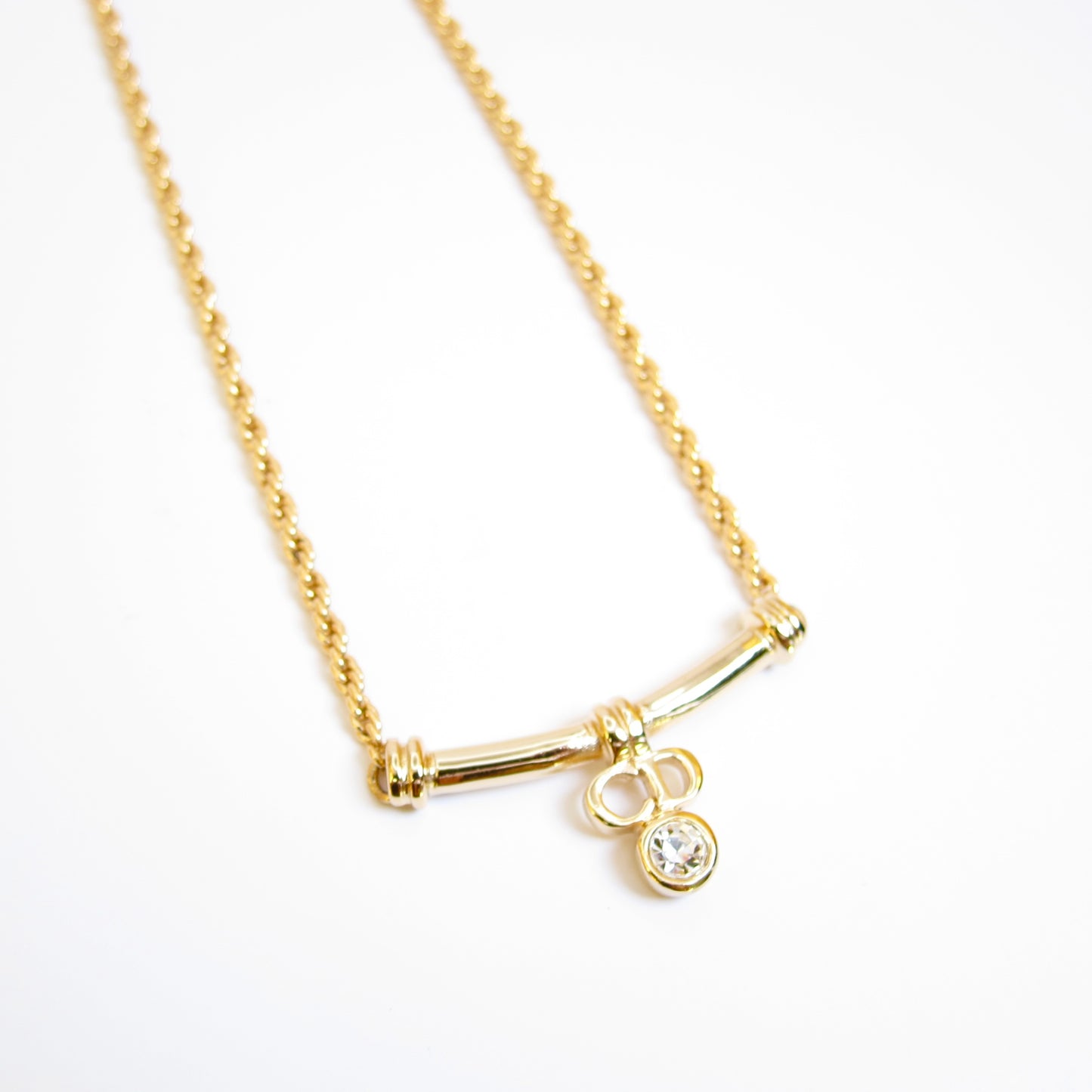 Christian Dior Vintage CD Logo and Rhinestone Golden Necklace