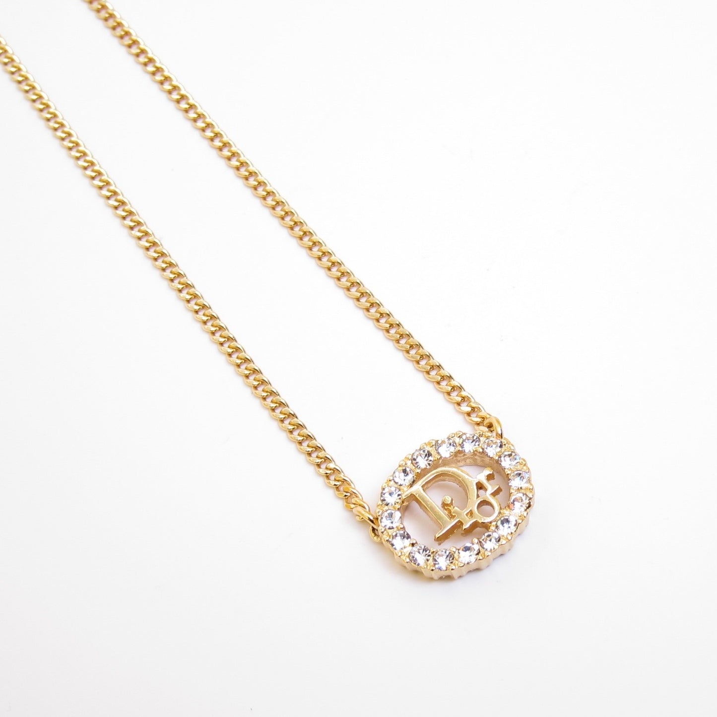 Christian Dior Vintage Dior Logo in Oval Shaped with Rhinestone Golden Necklace