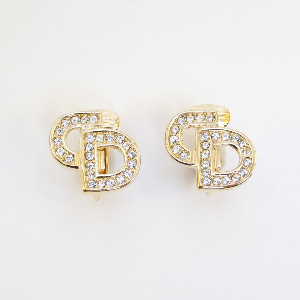 Christian Dior Vintage CD Logo with Rhinestone Golden Clip-on Earrings