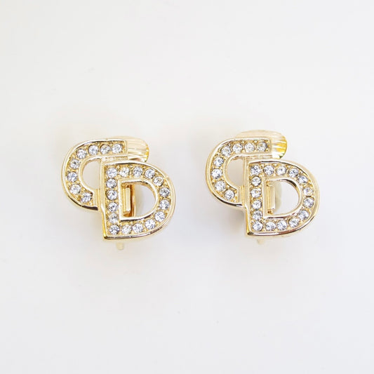 Christian Dior Vintage CD Logo with Rhinestone Golden Clip-on Earrings