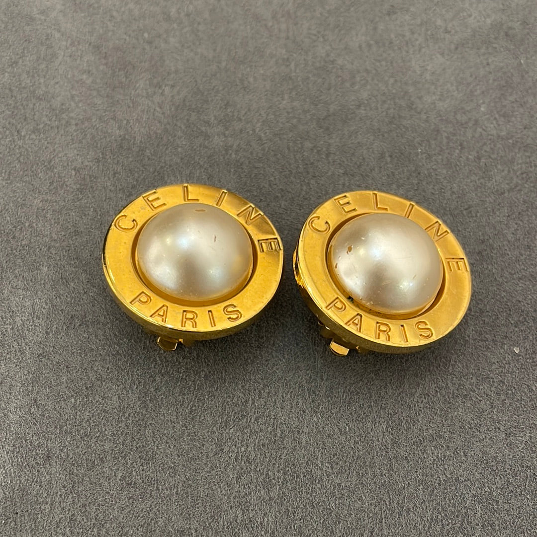 Celine Pearl With Gold Circle Clip-On Earrings