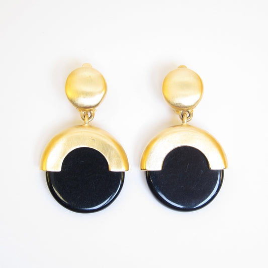 Givenchy Vintage Black Lucite and Satin Golden Drop Clip-on Earrings
