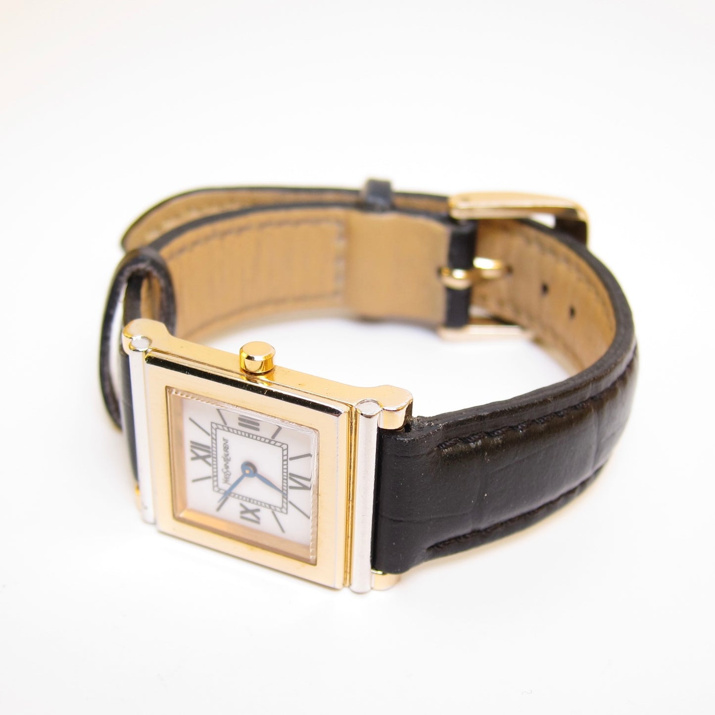 Yves Saint Laurent Vintage Square White Face and Black Leather Strap Watch