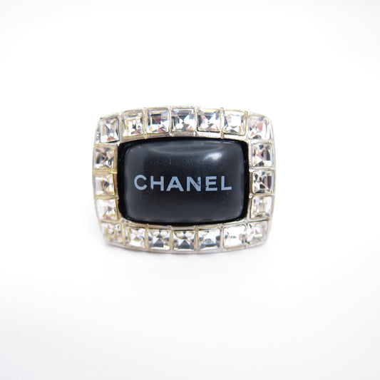 Chanel Vintage Chanel Logo Black and Rhinestone Silver Ring #13