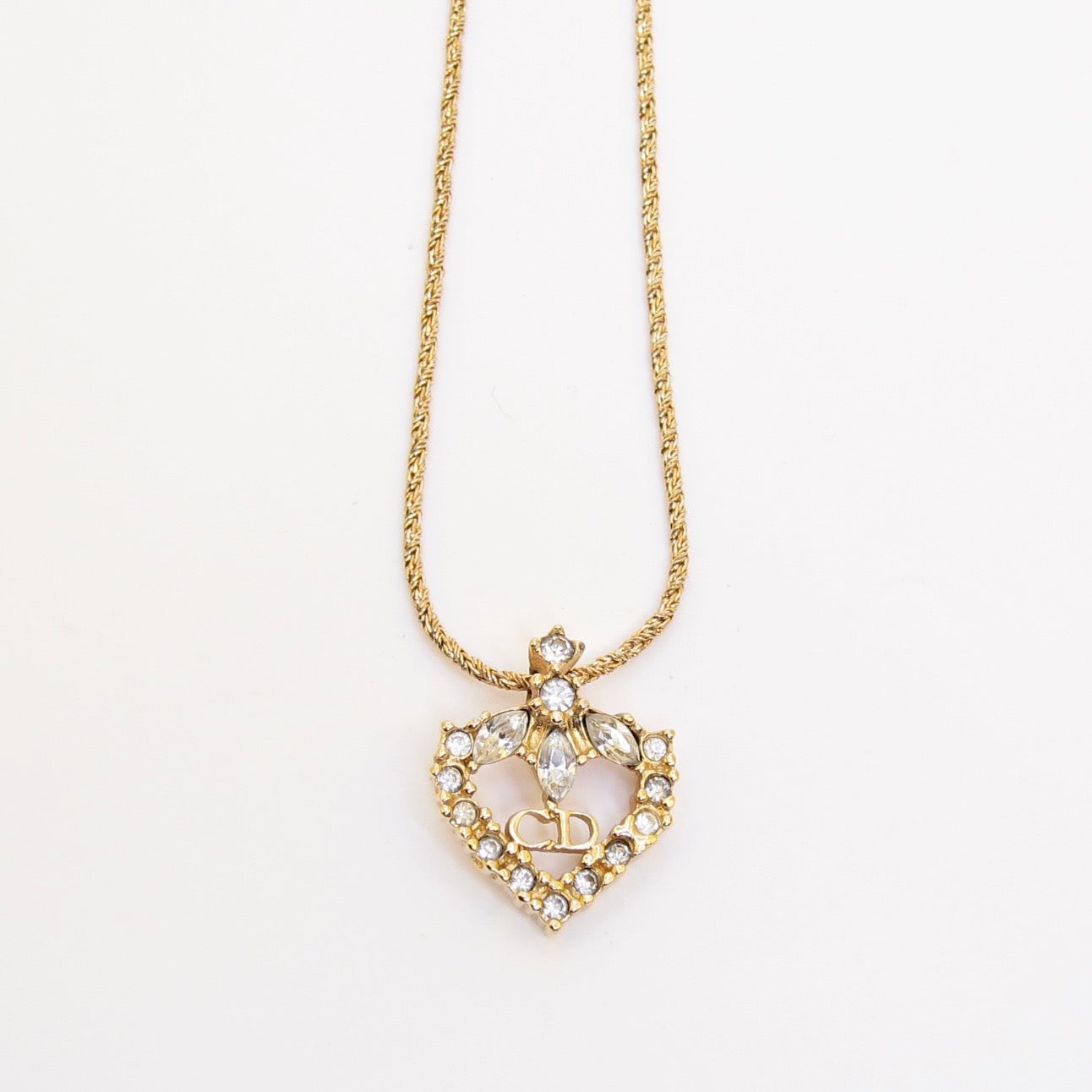 Christian Dior Vintage CD Logo in Heart with Rhinestone Golden Necklace