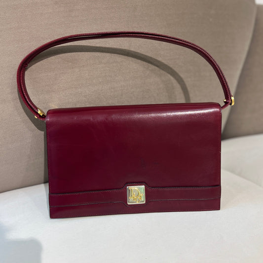 Christian Dior Vintage Golden Logo With Burgundy Red Leather Shoulder Bag