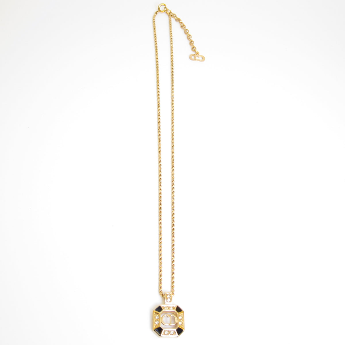 Christian Dior Vintage Octagon Black Enamel CD Logo Gold-Tone Necklace