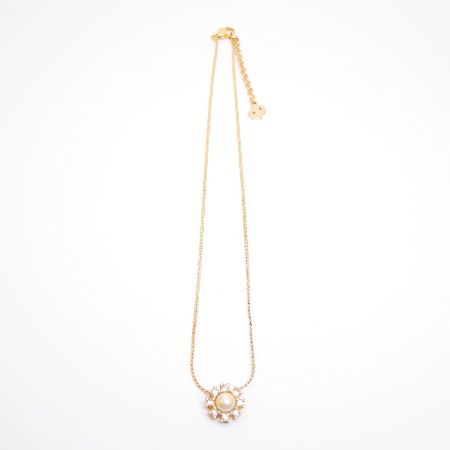 Christian Dior Vintage Flower Motif Pearl and Rhinestone Golden Necklace