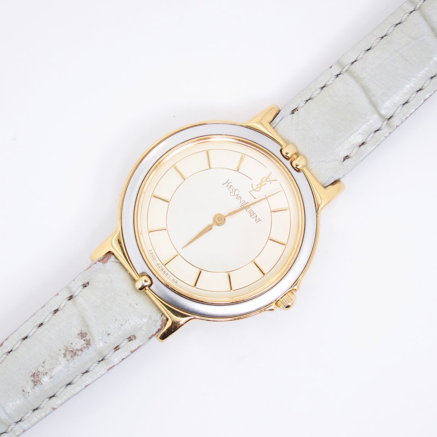 Yves Saint Laurent Vintage Round Champagne Face with Leather Strap Watch