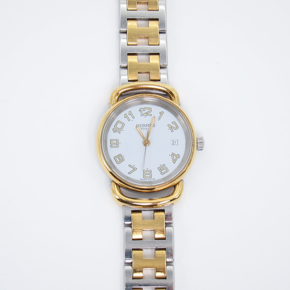 Hermes Vintage Pullman White Face with Date and H Bracelet Two Tone Watch