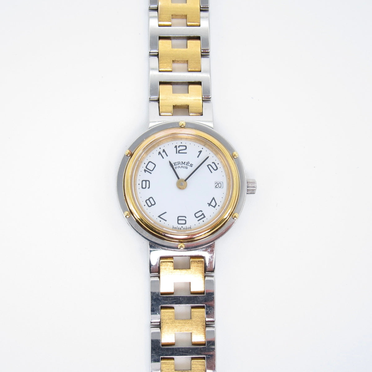 Hermes Vintage Clipper White Face with Date and H Bracelet Two Tone Watch