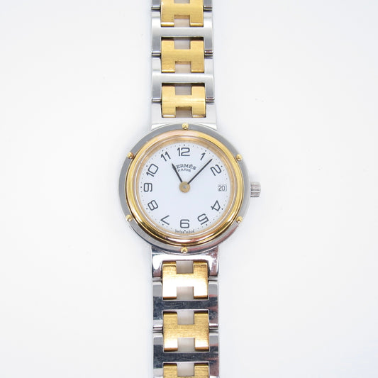 Hermes Vintage Clipper White Face with Date and H Bracelet Two Tone Watch