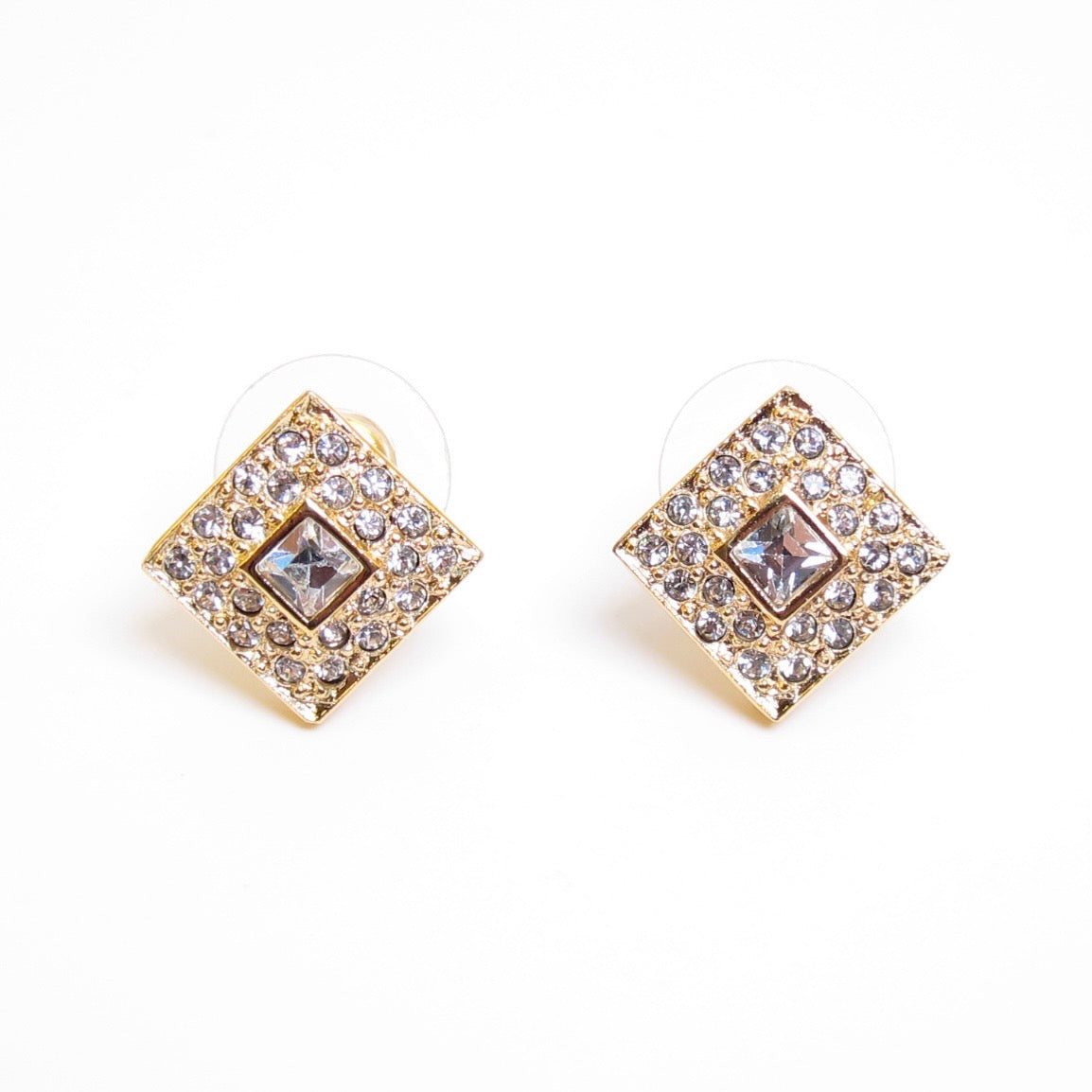 Christian Dior Vintage Rhombus with Rhinestone Golden Earrings