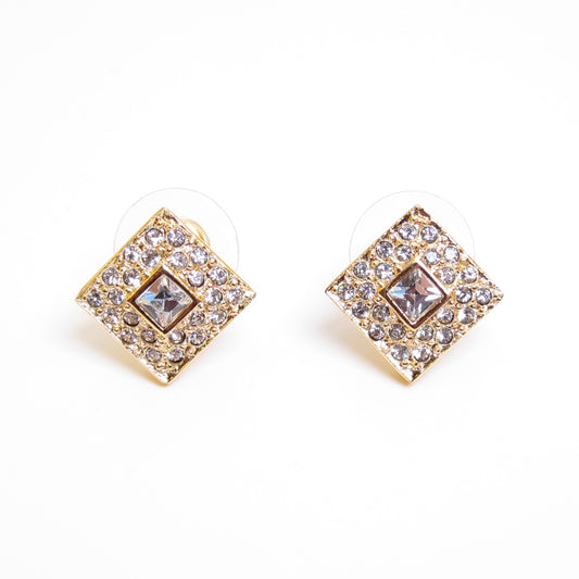 Christian Dior Vintage Rhombus with Rhinestone Golden Earrings