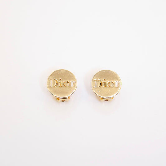 Christian Dior Vintage Dior Logo Round Shaped Golden Clip-on Earrings