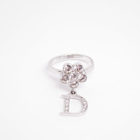 Christian Dior Vintage D Logo and Flower with Rhinestone Silver Ring