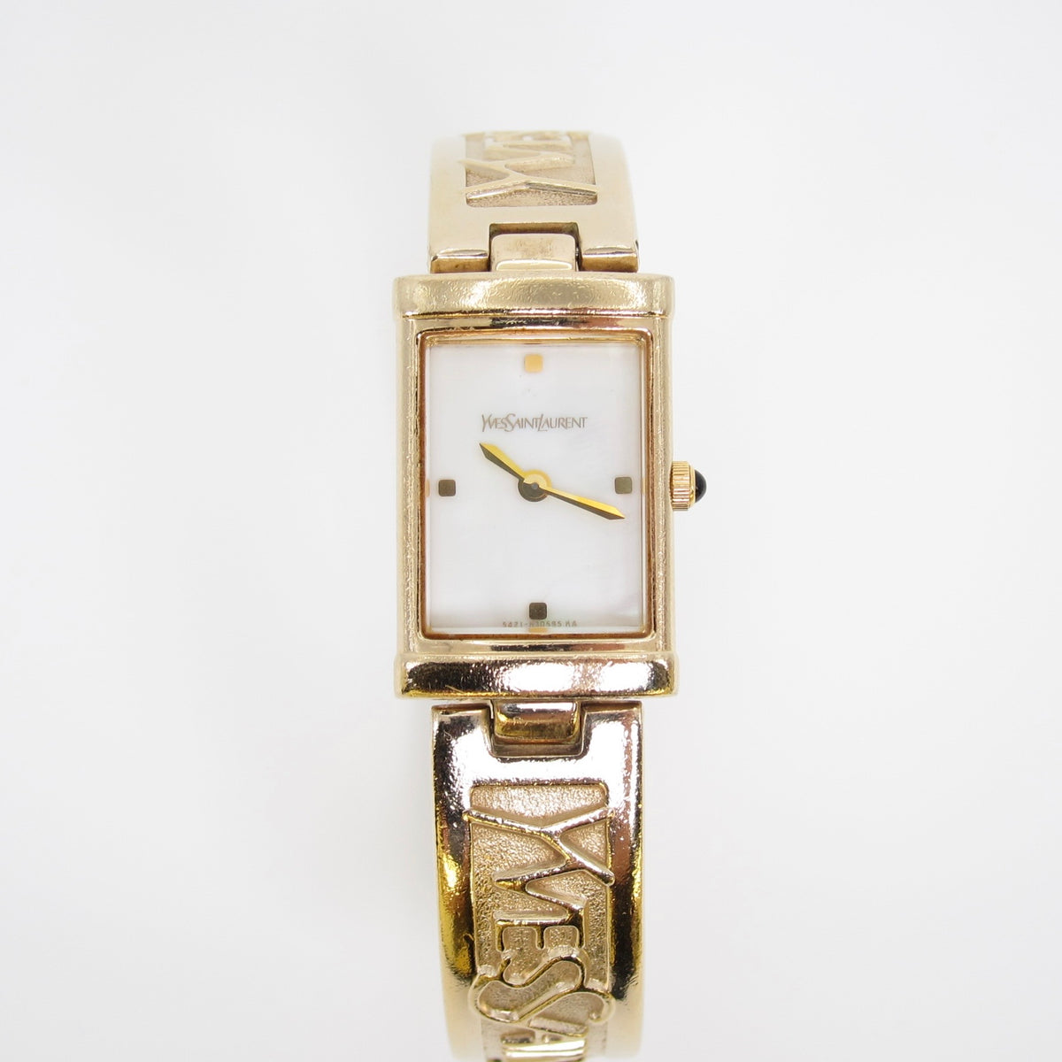 Yves Saint Laurent Vintage Rectangle Shell Pearl Face and Logo Engraved Golden Bangle Watch