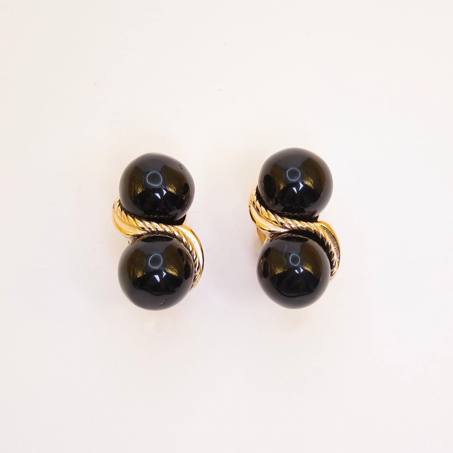 Givenchy Vintage Twisted Rope Double Black Sphere Golden Clip-on Earrings