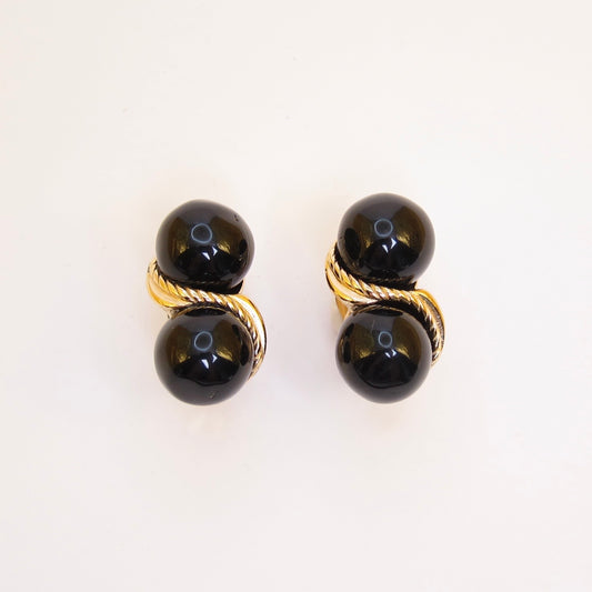 Givenchy Vintage Twisted Rope Double Black Sphere Golden Clip-on Earrings