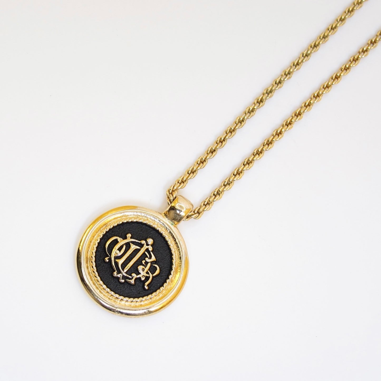 Christian Dior Vintage Dior Logo on Black and Golden Circle Pendant Necklace