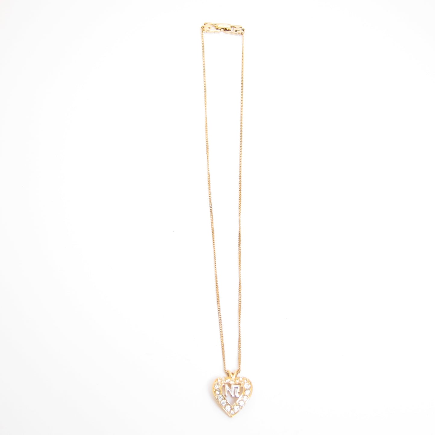 Nina Ricci Vintage NR Logo in Heart with Rhinestone Golden Necklace
