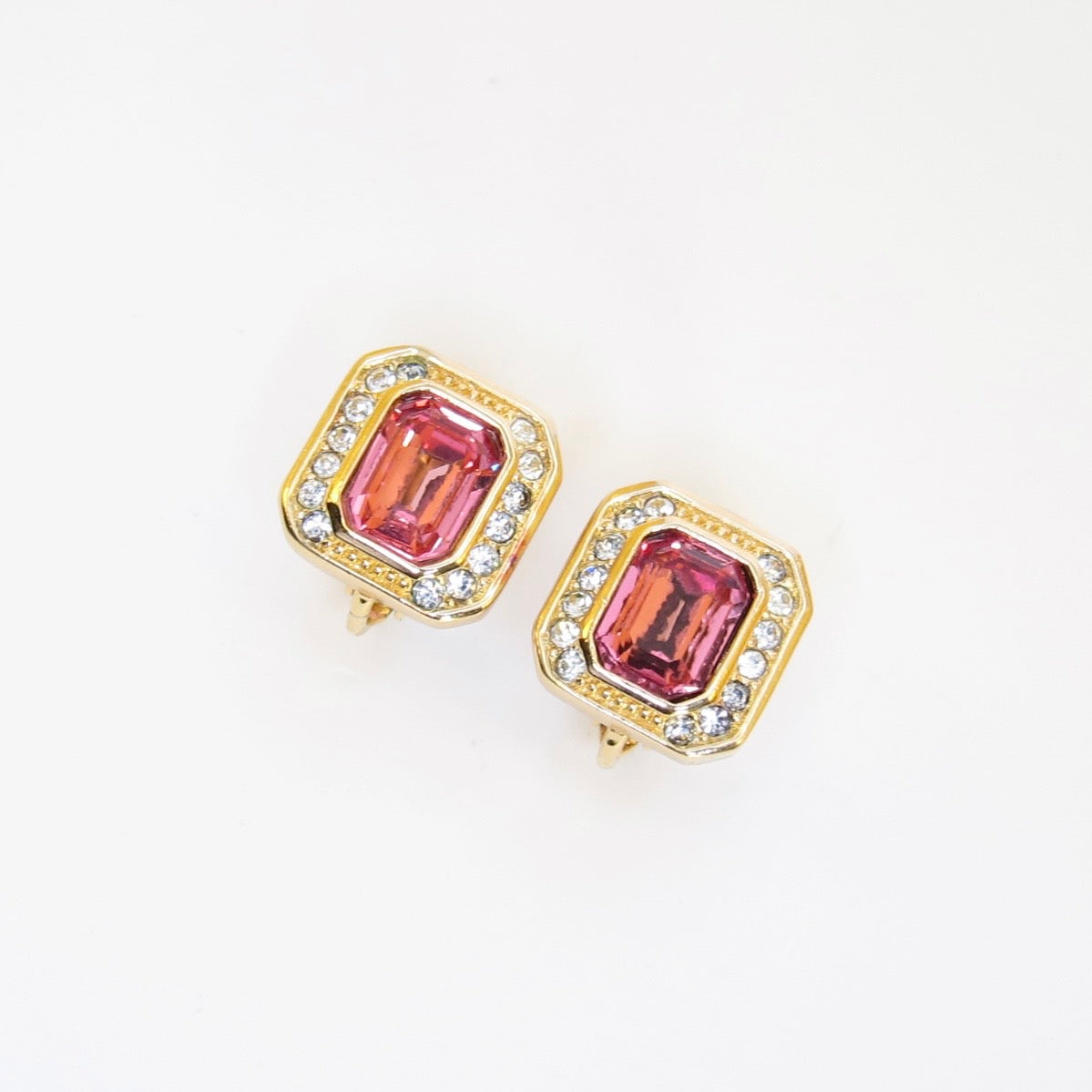 Christian Dior Vintage Octagon Pink and Rhinestone Golden Clip-on Earrings