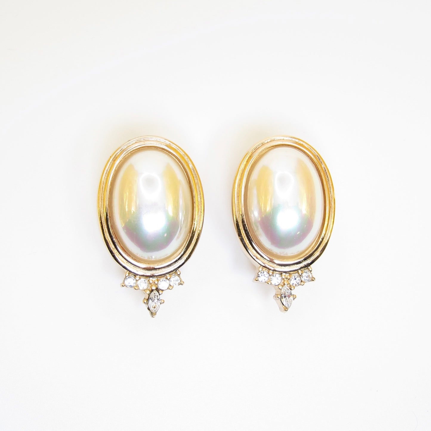 Christian Dior Vintage Oval Shape Pearl and Rhinestone Golden Clip-on Earrings