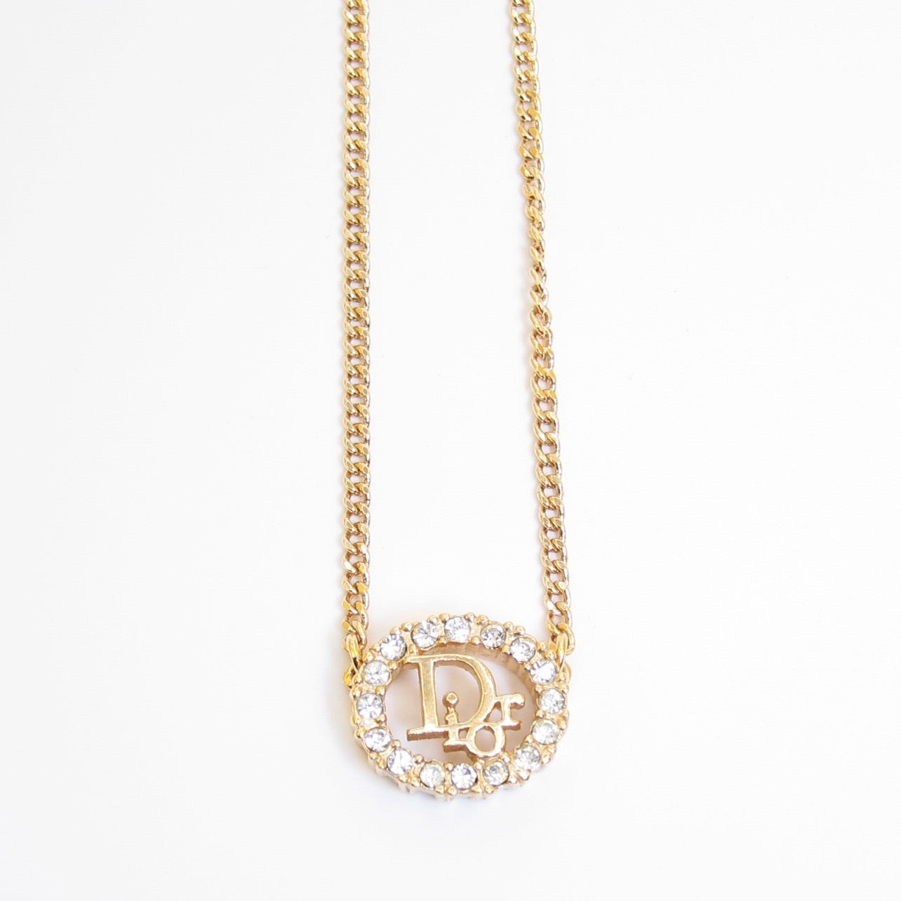 Christian Dior Vintage Dior Logo in Oval Shaped with Rhinestone Golden Necklace