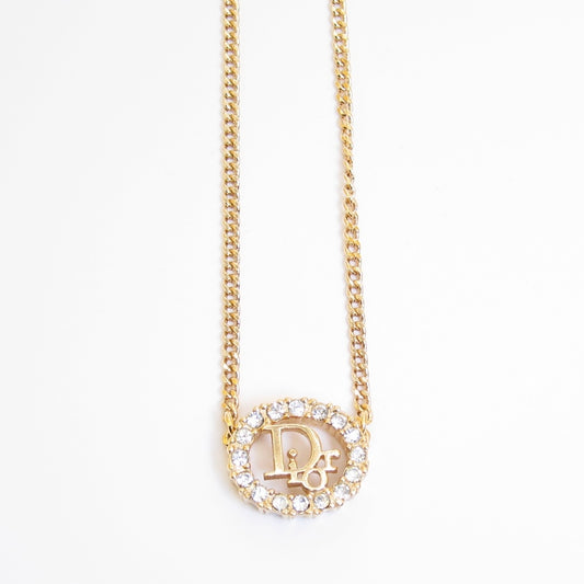 Christian Dior Vintage Dior Logo in Oval Shaped with Rhinestone Golden Necklace
