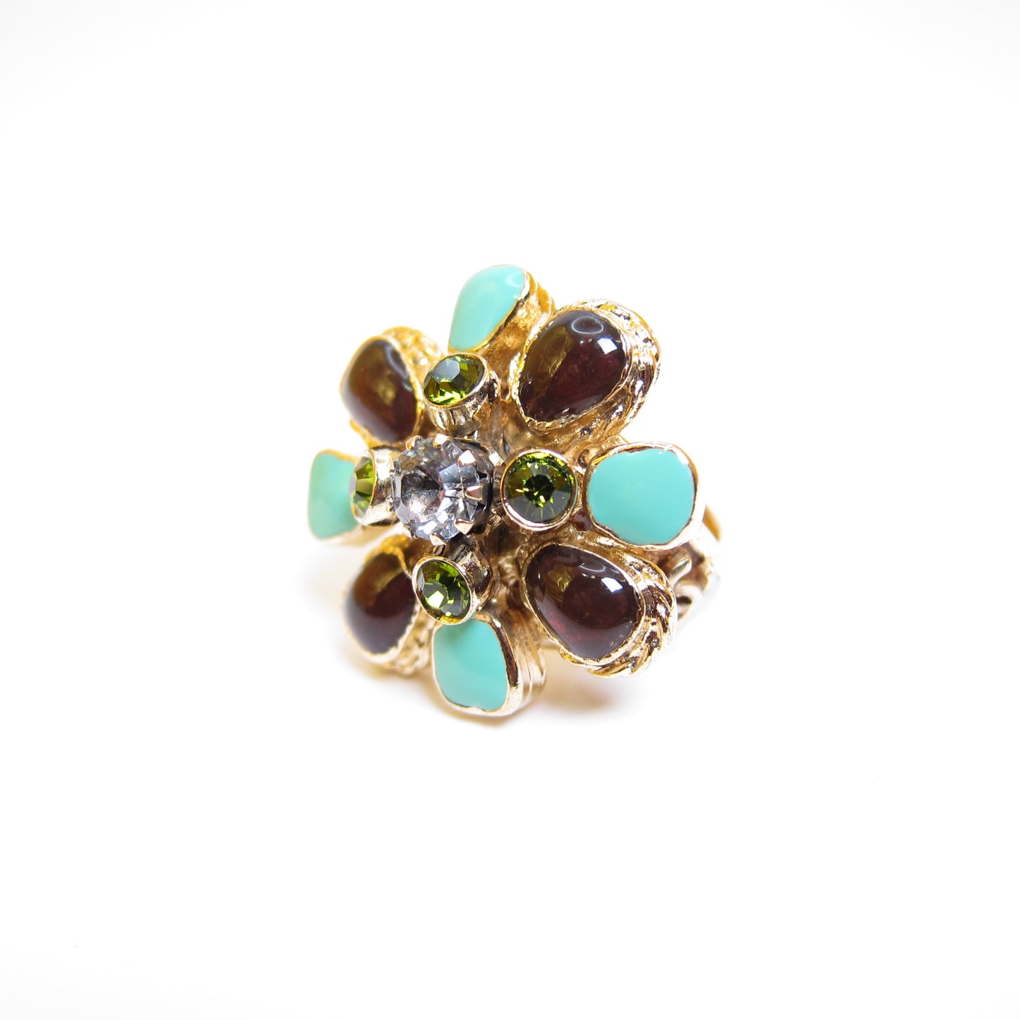 Chanel Vintage Flower Motif with Multi Color Stone Golden Ring #11