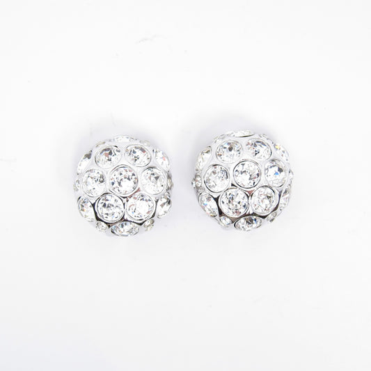 Christian Dior 復古圓形鑲鑽銀色夾式耳環