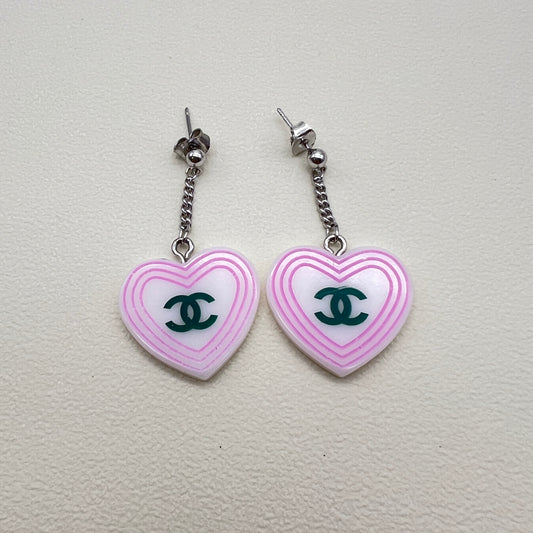 Chanel Vintage White Heart Green CC Logo Earrings