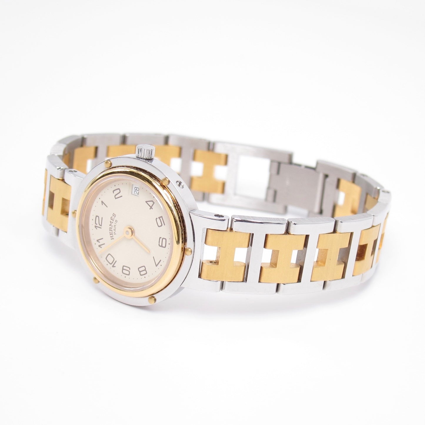 Hermes Vintage Clipper Ivory Dial with Date and H Bracelet Two Tone Watch