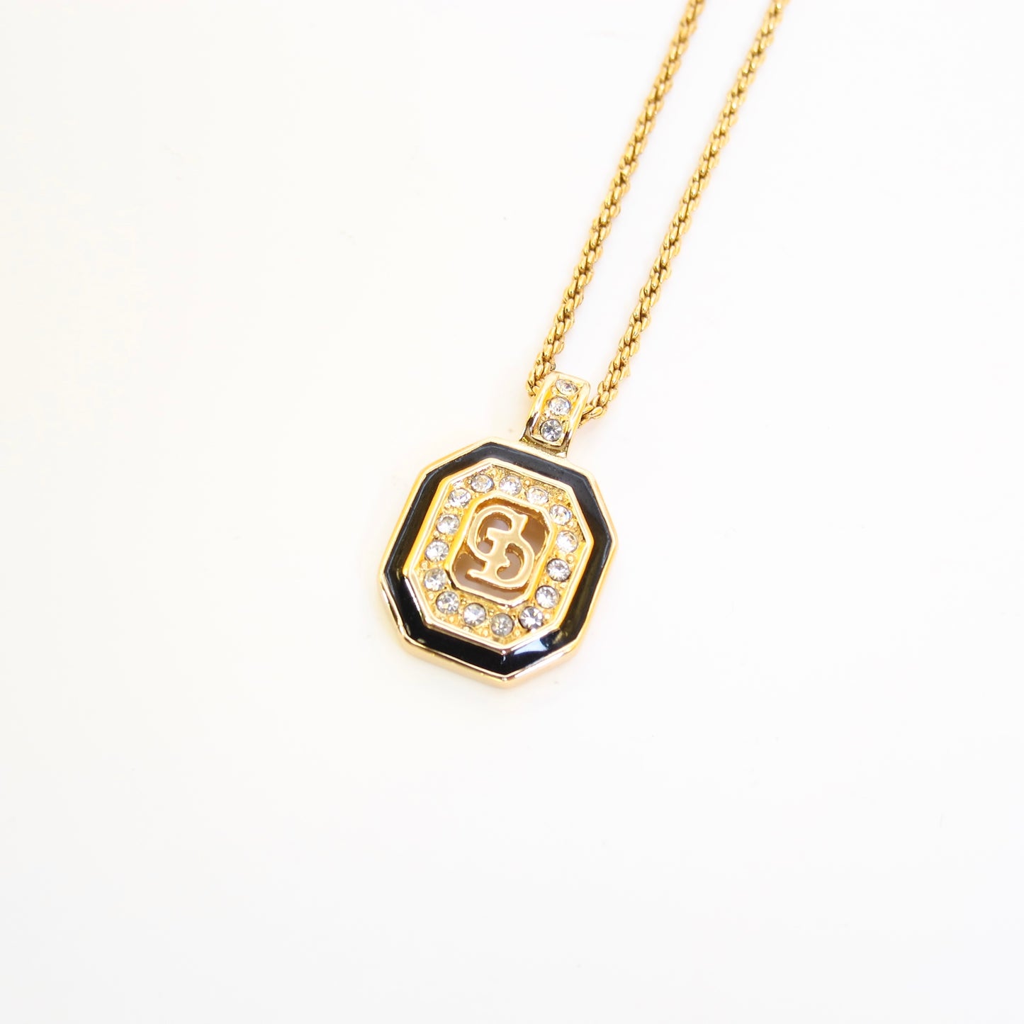 Christian Dior Vintage CD Logo in Octagon Black and Rhinestone Golden Necklace