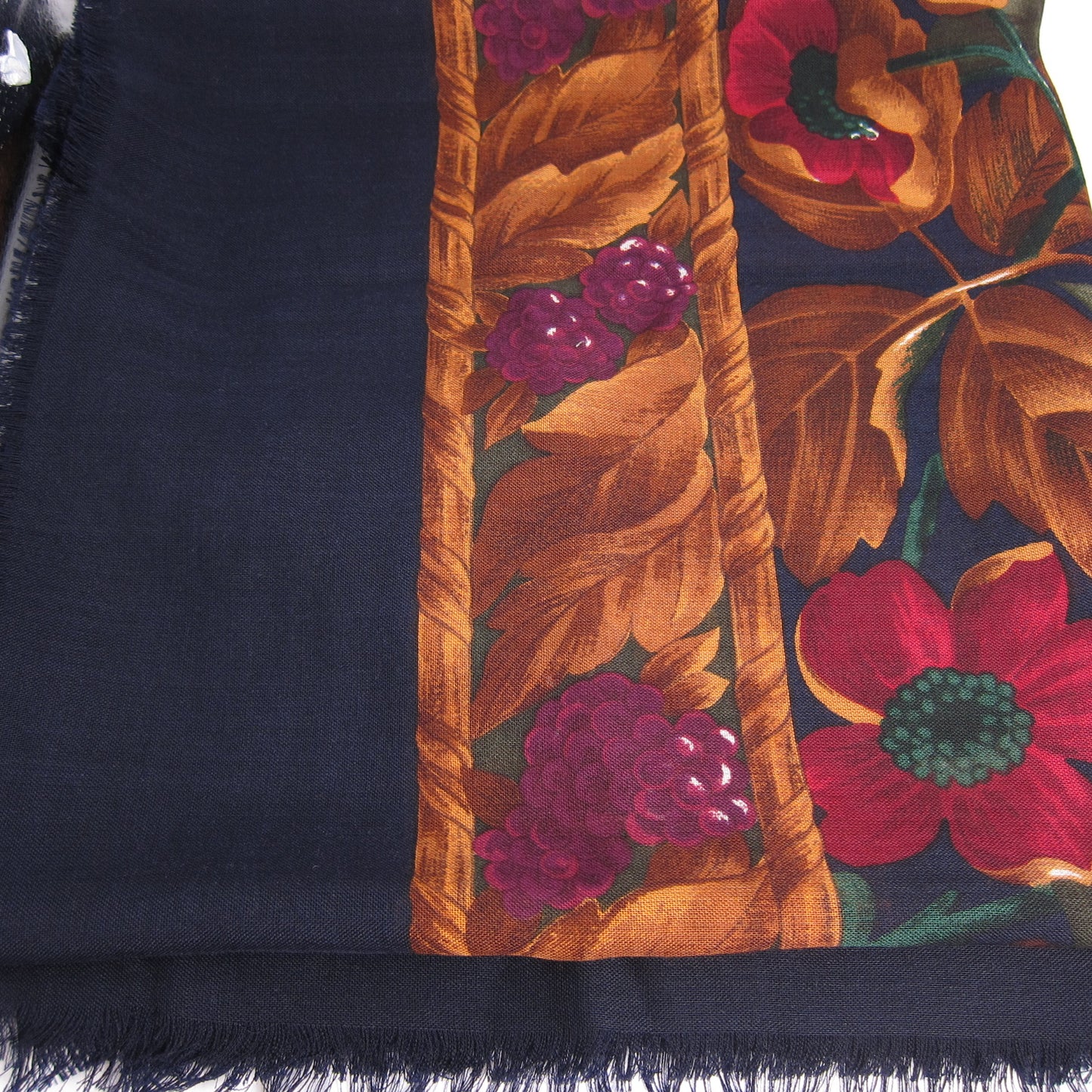 Christian Dior Vintage Floral Motif and Navy Silk-Wool Blend Scarf
