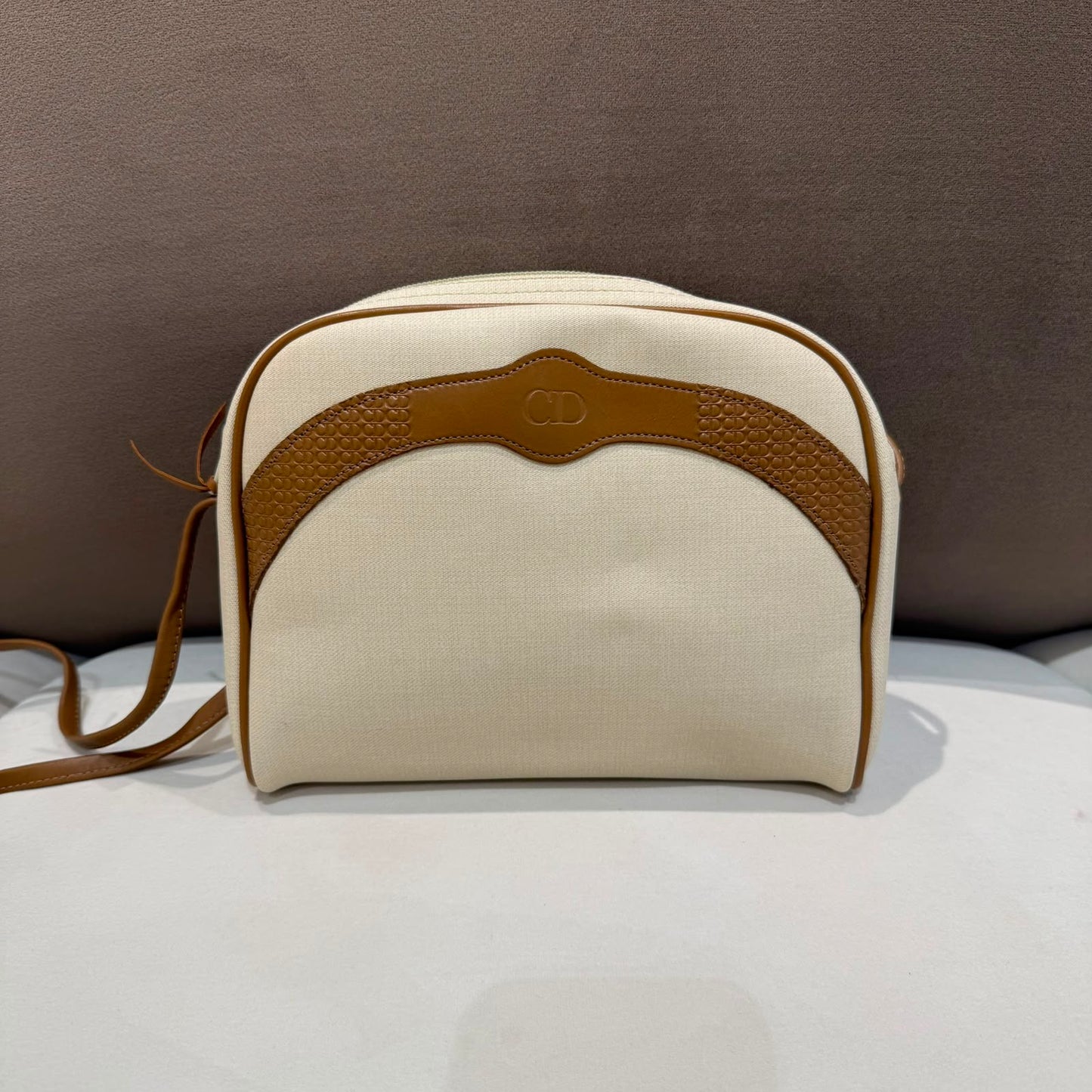 Christian Dior Vintage Ivory Canvas Tan Leather Shoulder Bag