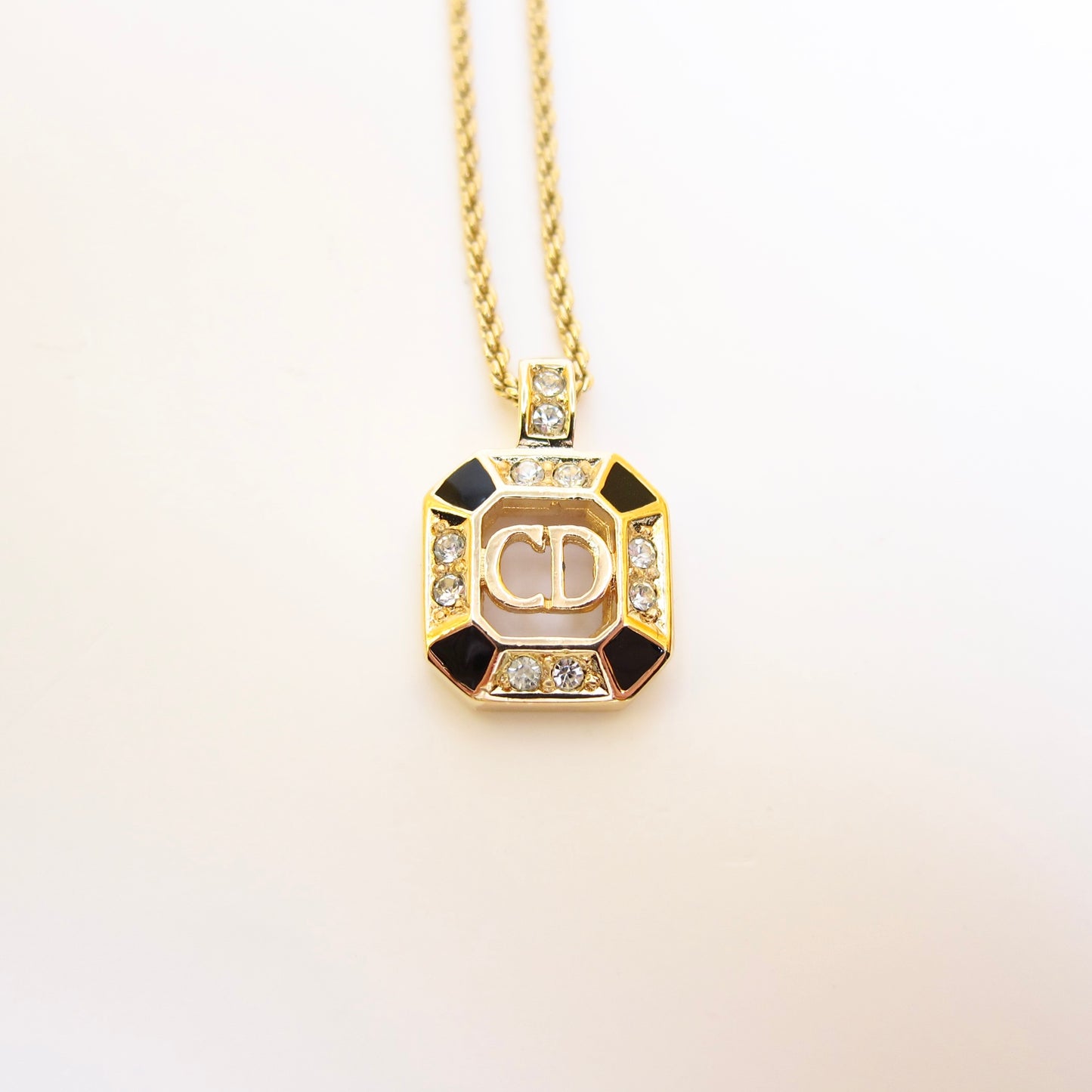 Christian Dior Vintage CD Logo in Octagon with Rhinestone Black and Golden Necklace