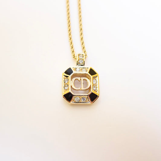 Christian Dior Vintage CD Logo in Octagon with Rhinestone Black and Golden Necklace