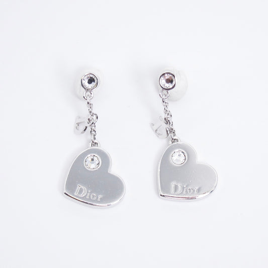 Christian Dior Vintage D Logo and Heart Dangle Silver Earrings