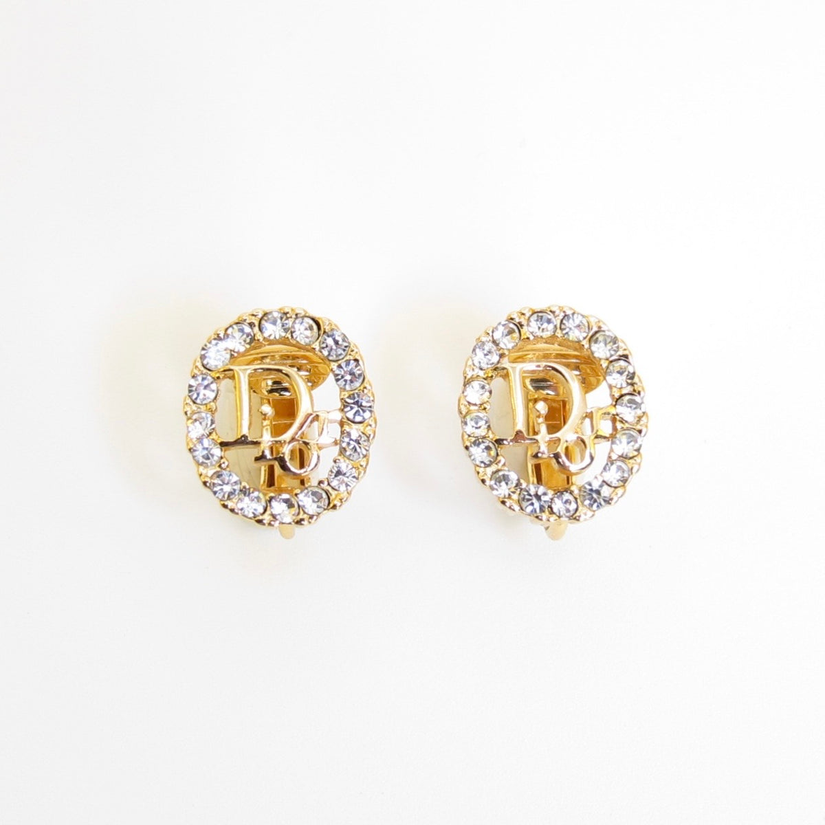 Christian Dior Vintage Rhinestone D Monogram Gold-Tone Clip-On Earrings