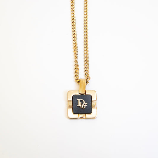 Christian Dior Vintage Dior Logo on Square Black and Golden Necklace