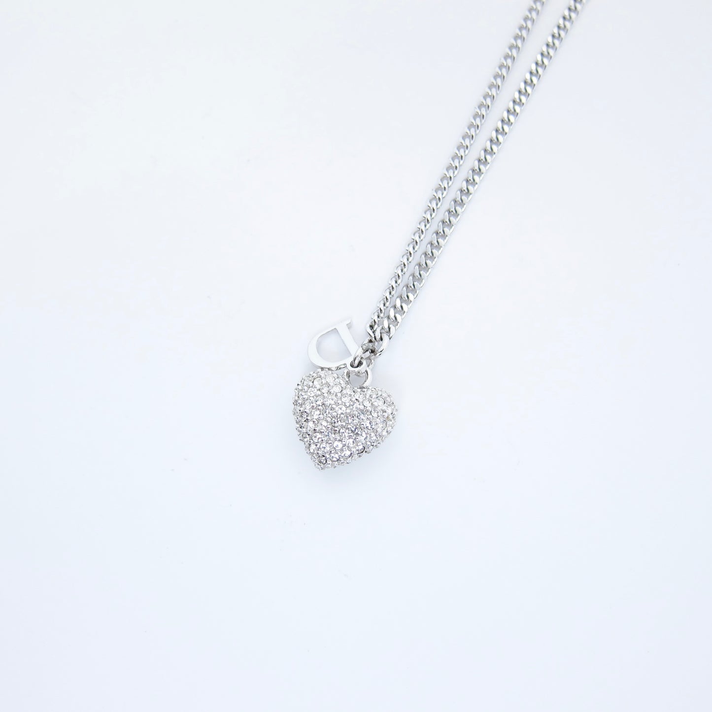 Christian Dior Vintage D Logo and Heart with Rhinestone Silver Necklace