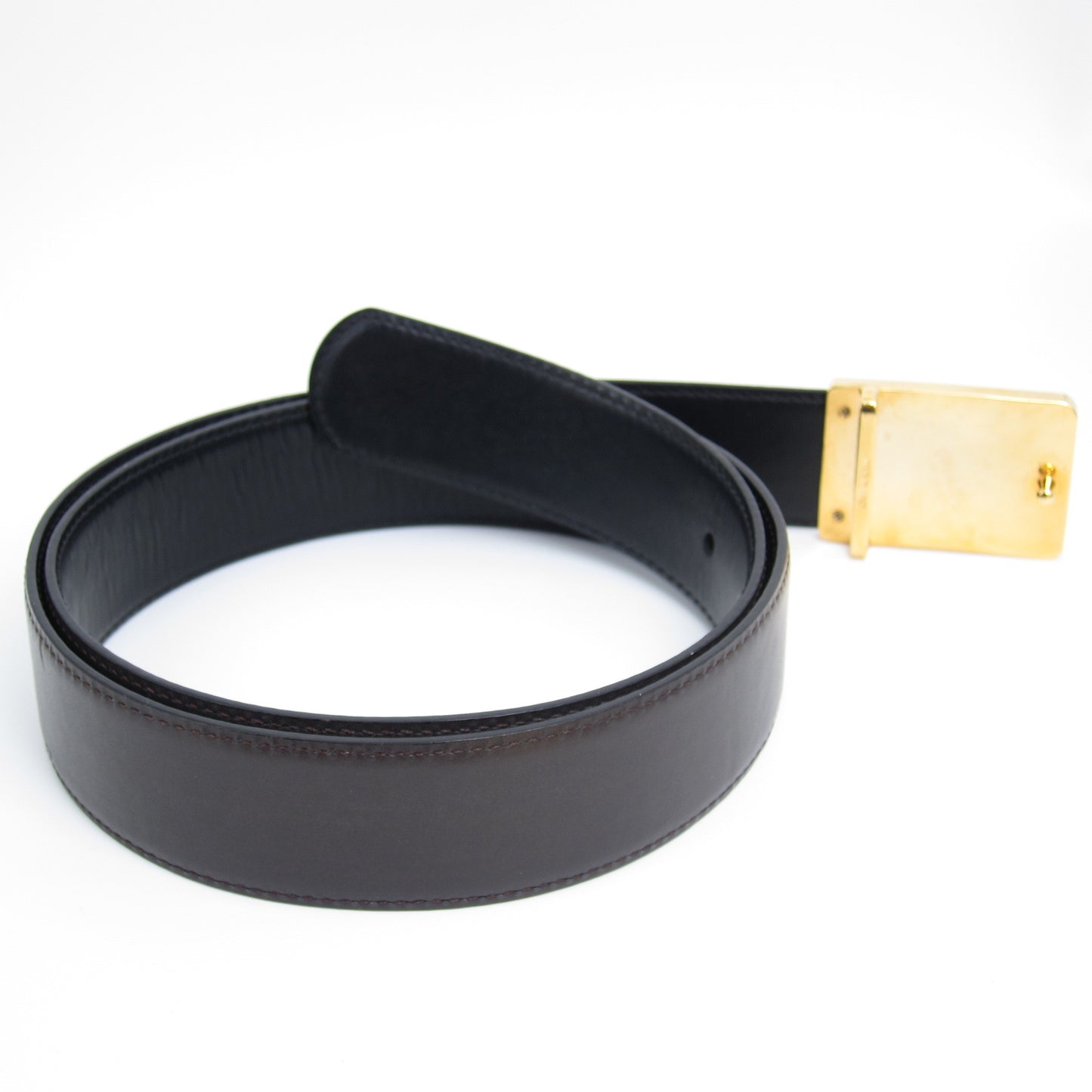 Celine Vintage Sulky Carriage Golden Buckle Dark Brown Leather Belt
