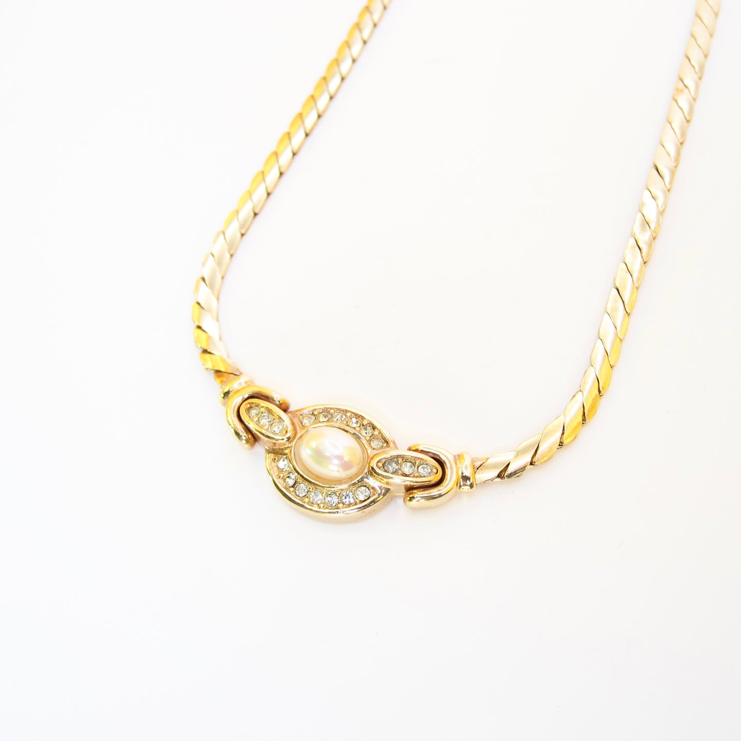 Christian Dior Vintage Oval Shape Pearl and Rhinestone Golden Necklace