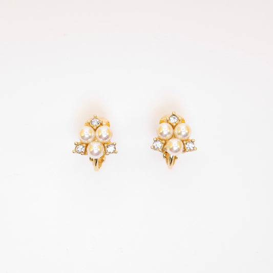 Christian Dior Vintage Pearl and Rhinestone Golden Clip-on Earrings